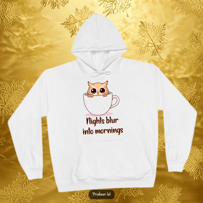 Funny owl hoodie, curious owl peeking, behind empty coffee cup, cozy apparel, warm and snug.