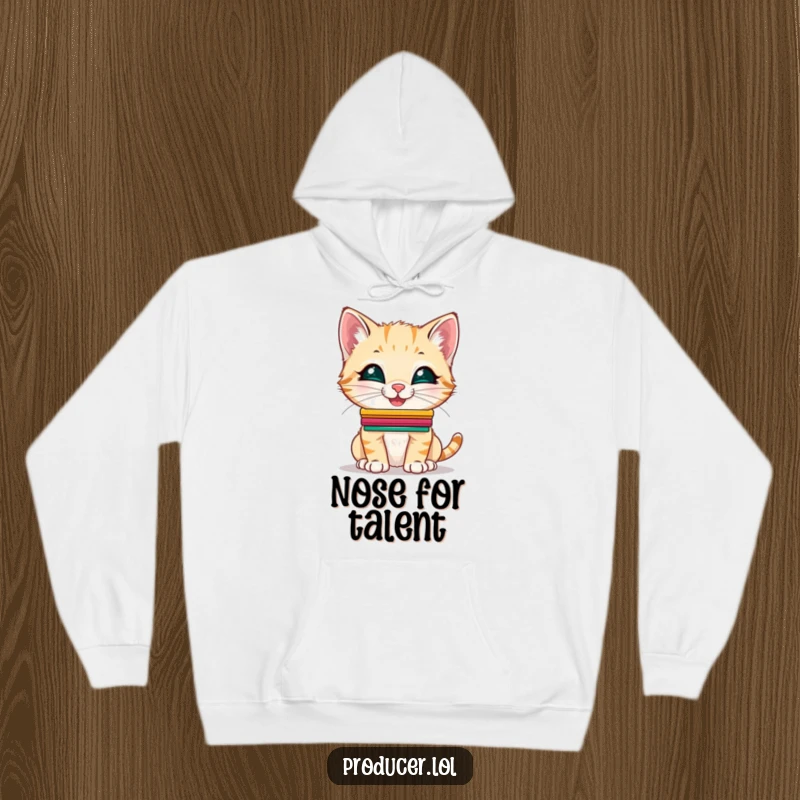Funny Kitten Hoodie: A giggling kitten balancing colorful cue cards on its nose, looking incredibly cute and talented.