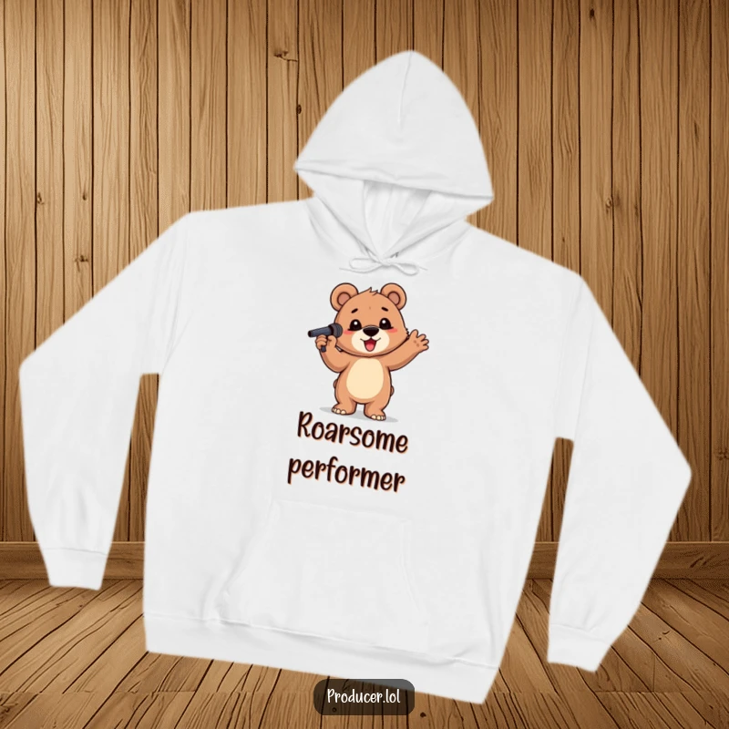 Funny Bear Cub Hoodie: A proud bear cub with a microphone, striking a pose, exuding rockstar energy, a hilarious funny gift.