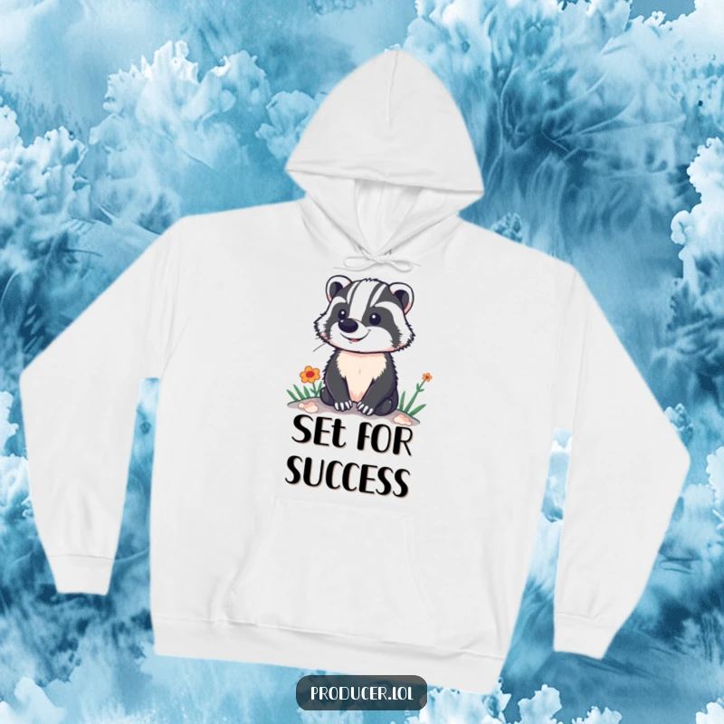 Funny hoodie depicting a proud badger standing majestically, overlooking a dazzling and colorful stage or vibrant performance set.