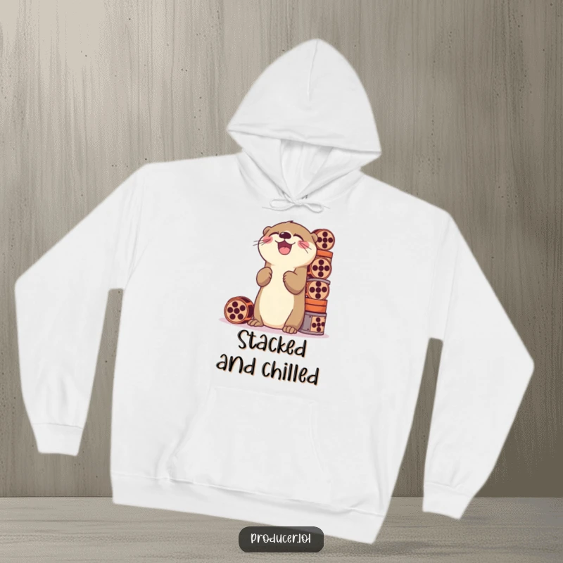 Funny hoodie with a playful otter laughing hysterically while stacking a tall pile of film reels, perfect for cozy, humorous wear.