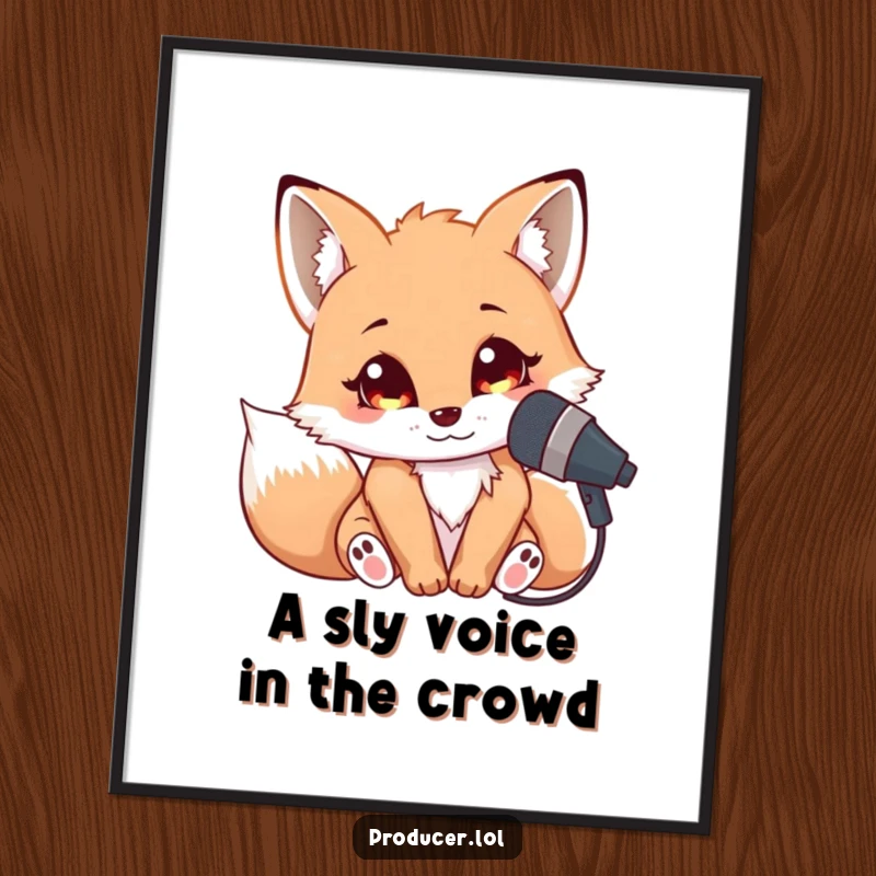 Funny Free Printable wall art of a cuddly fox leaning into a microphone with bright, expressive eyes, ready to perform.