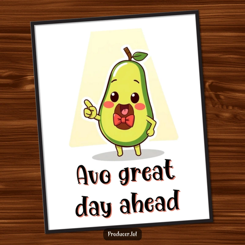 Funny Free Printable Wall Art: A cute avocado in a bow tie enthusiastically points toward a bright, shining spotlight.