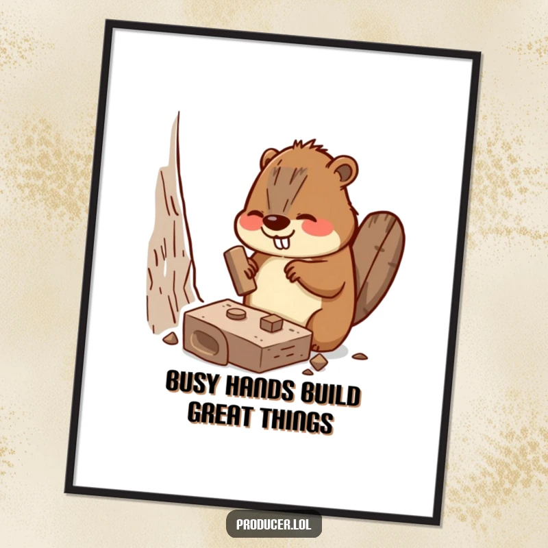 Funny Free Printable Wall Art: Busy beaver enthusiastically hammers a miniature set piece, creating DIY magic.