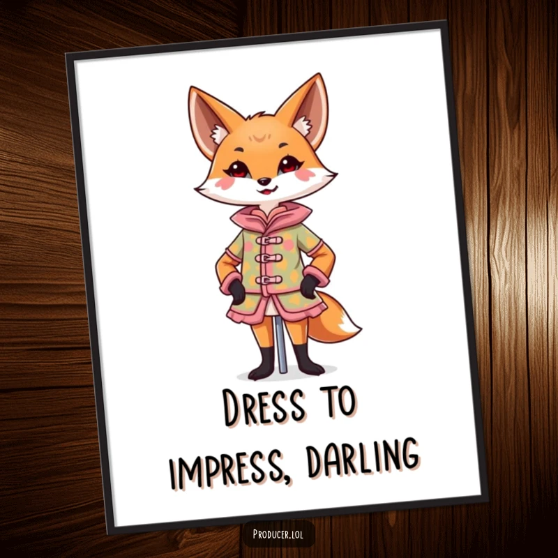 Funny Free Printable Wall Art: Confident fox designs a colorful costume on a mannequin with a flourish.