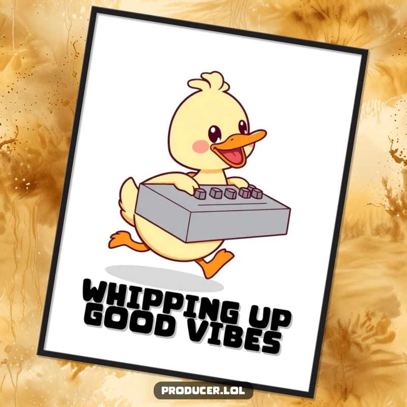 Funny Free Printable Wall Art: A happy cartoon duck energetically pushing a large mixing board with pure delight. Whimsical, downloadable art.