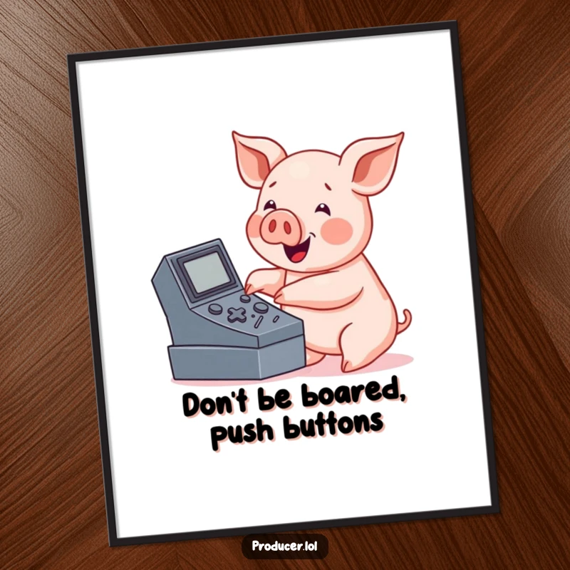 Funny Free Printable Wall Art: Friendly pig character enthusiastically pressing buttons on a large electronic console, looking focused.