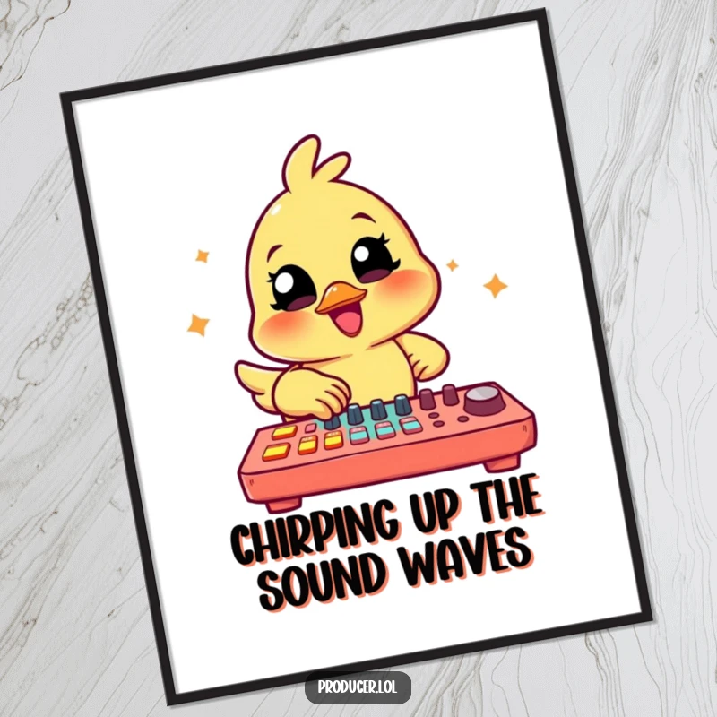 Funny Free Printable wall art of a cheerful chick tapping a large colorful mixing board with a look of concentration and joy.