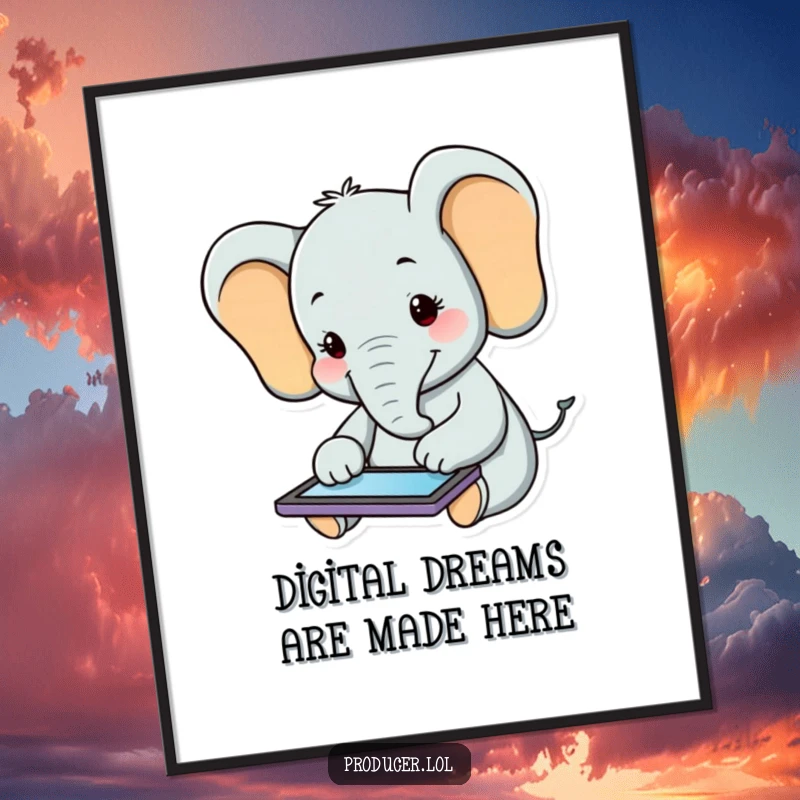 Funny Free Printable Wall Art: A cheerful elephant happily taps on a tablet, creating a delightful tech-themed decor piece.