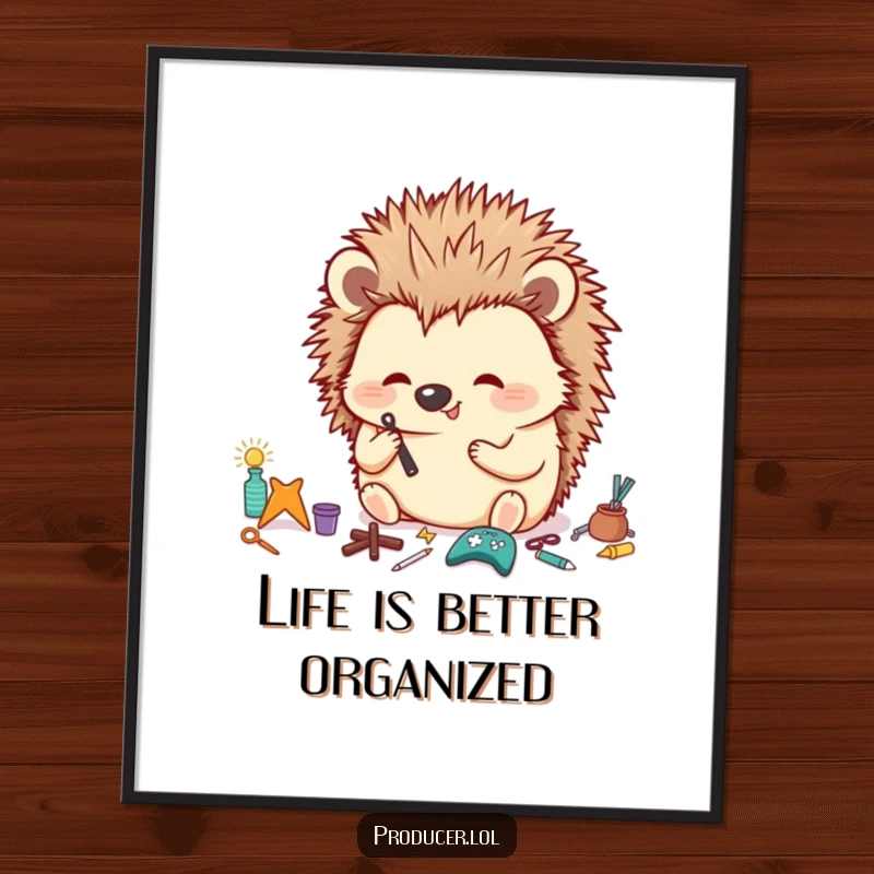 Funny Free Printable Wall Art: Happy hedgehog meticulously organizes tiny props with a focused, cute look.