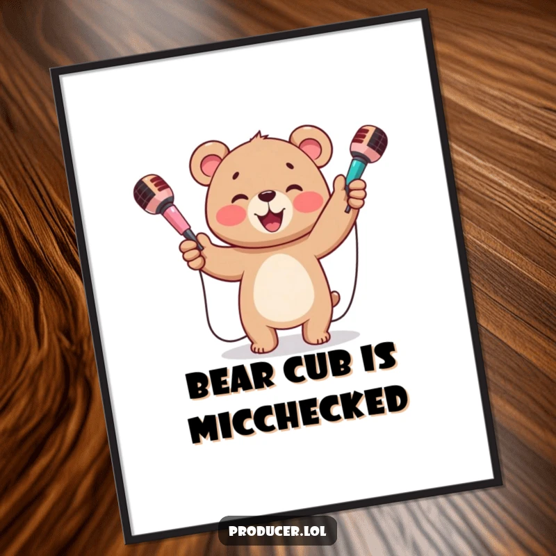 Funny Free Printable Wall Art of a bear cub happily juggling three colorful microphones with a radiant, beaming smile.