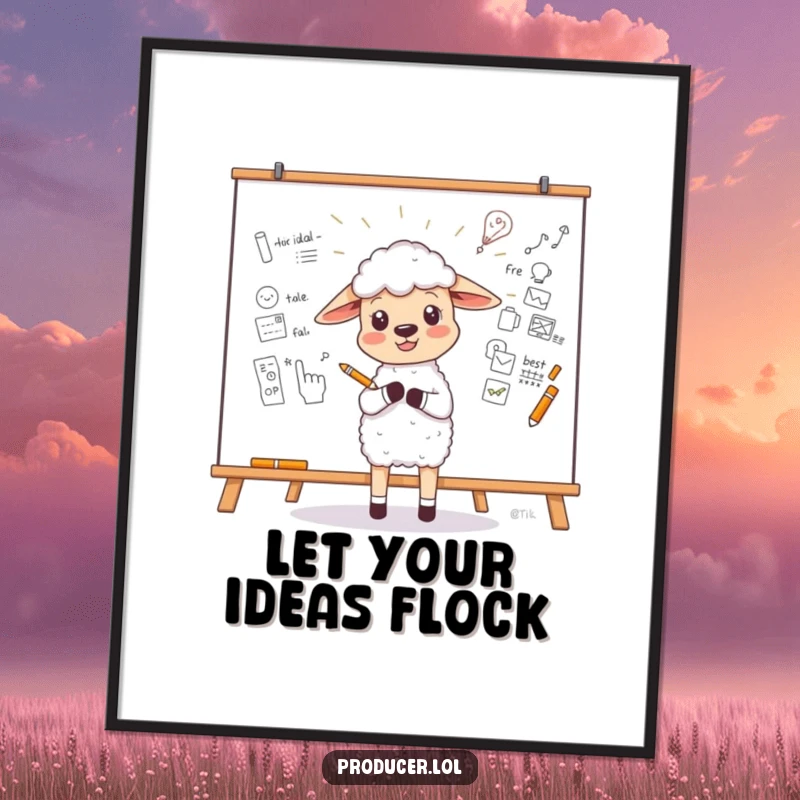 Funny Free Printable Wall Art: Little sheep enthusiastically sketches a new idea on a large whiteboard.