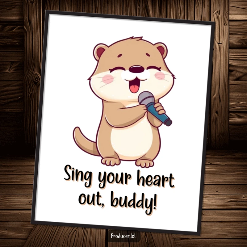 Funny Free Printable Wall Art: Cute otter character holding a microphone, eyes closed, singing a heartfelt song.