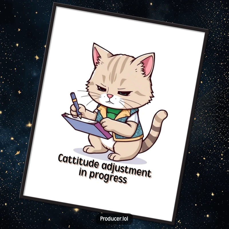 Funny Free Printable Wall Art: Determined cat in a sparkly vest frantically taking notes, a hilarious DIY digital download.