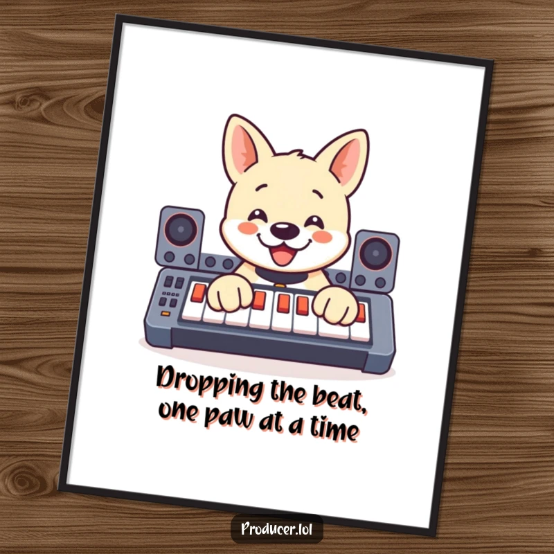 Funny free printable wall art of a smiling dog enthusiastically pressing buttons on a large soundboard with its paws, creating music.