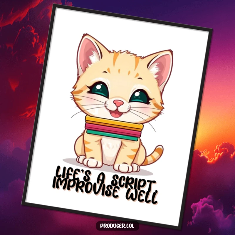 Funny Free Printable Wall Art: A giggling kitten balances a tall stack of colorful cue cards on its nose, looking delighted.
