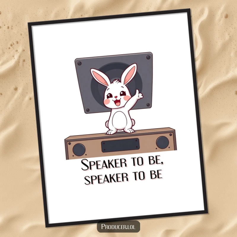 Funny Free Printable Wall Art: Cartoon rabbit bouncing, enthusiastically pointing at an unseen booming speaker, ready to blast some tunes.