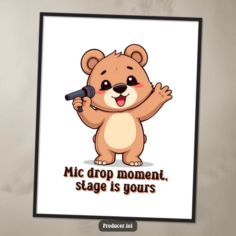 Funny Free Printable Wall Art: A proud bear cub strikes a dramatic pose with a microphone, exuding rockstar confidence.