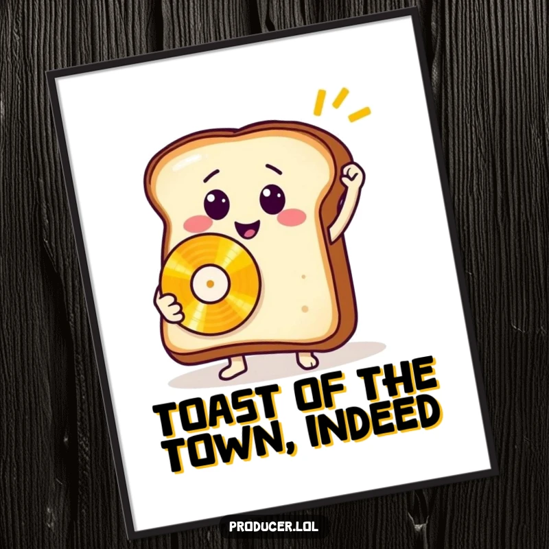Funny Free Printable Wall Art: A smiling slice of toast proudly holds up a shimmering golden record.