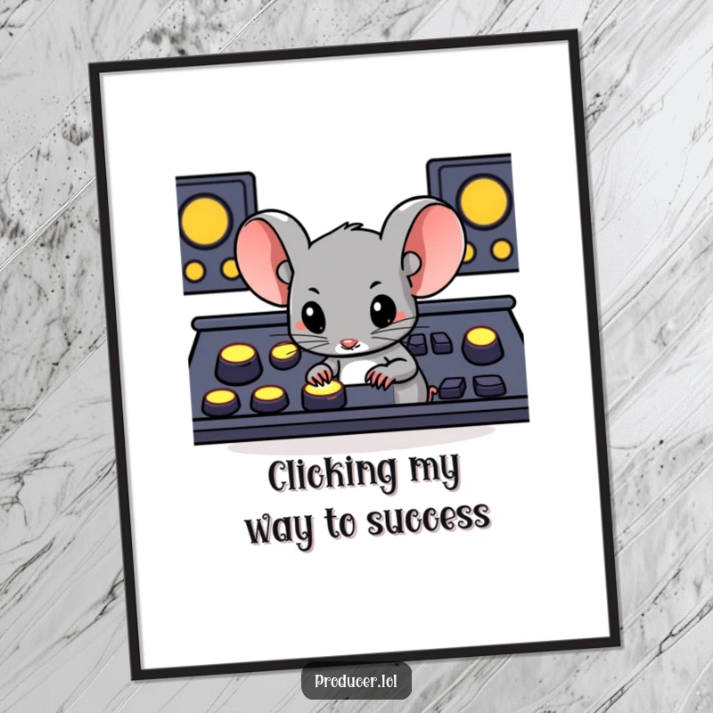 Funny Free Printable Wall Art: A determined mouse intently pressing large, glowing buttons on a futuristic console.