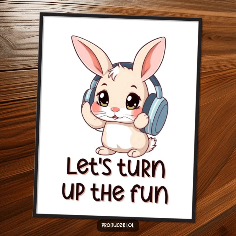 Funny Free Printable Wall Art: A curious rabbit adjusting large headphones with wide eyes, lost in music.
