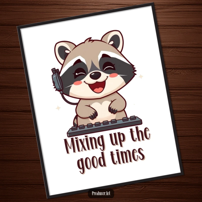 Funny Free Printable Wall Art: A delighted raccoon gleefully mixes sound levels, creating a dynamic and humorous art piece.