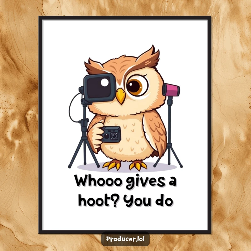 Funny Free Printable Wall Art: An owl with a wide grin giggling uncontrollably while watching funny studio footage on a screen.