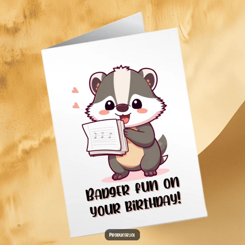 Funny Free Printable birthday card of a playful badger excitedly holding a stack of production notes for a birthday party.