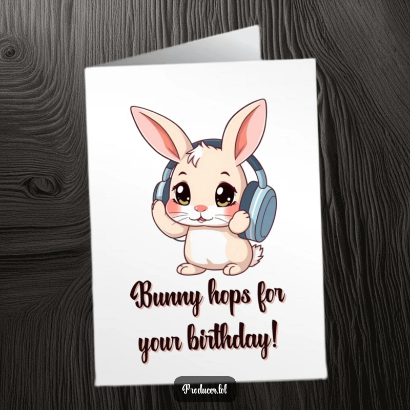 Funny Free Printable Birthday Card: Curious rabbit with wide eyes adjusting large headphones, loving the music.