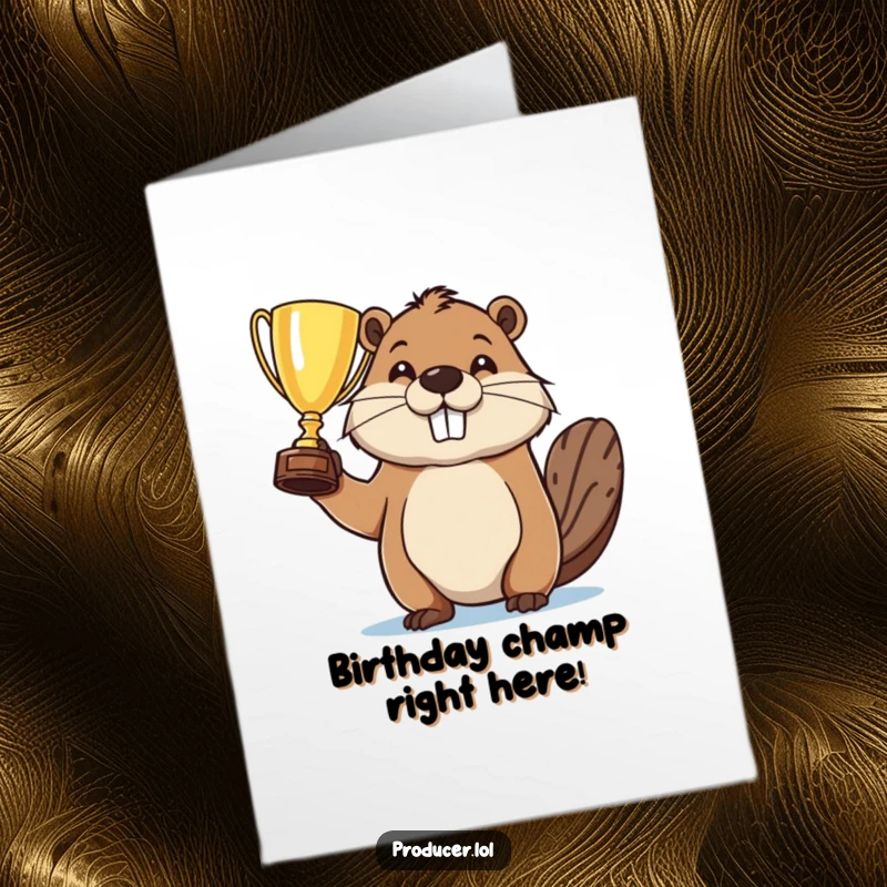Funny Free Printable Birthday Card: Determined beaver proudly holding a trophy, celebrating a victory.