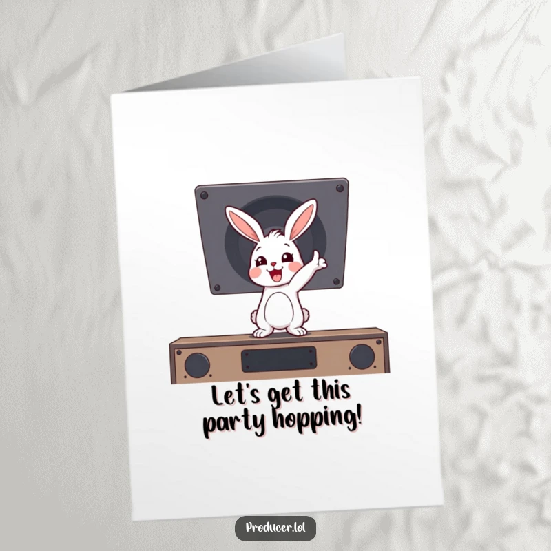 Funny Free Printable Birthday Card: Energetic cartoon rabbit bouncing, pointing at unseen booming speaker, ready to celebrate a birthday.