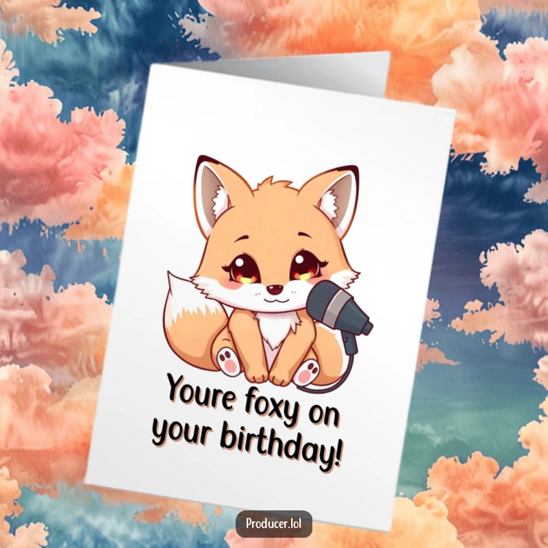 Funny Free Printable birthday card featuring a cuddly fox leaning into a microphone with bright eyes, singing happily.