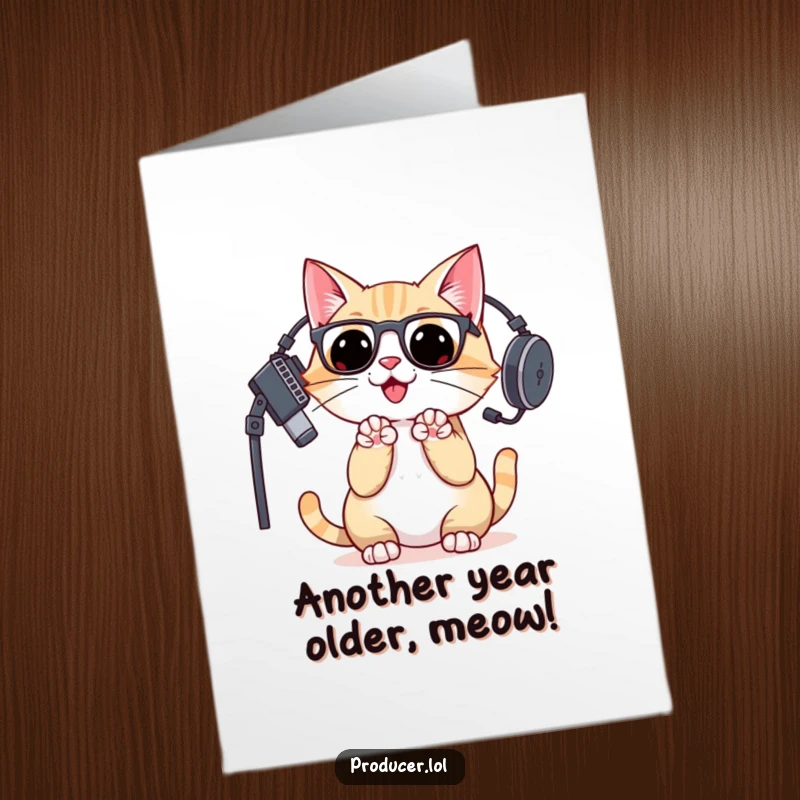 Funny Free Printable Birthday Card: Cat DJ in headset clapping paws, celebrating a birthday with music beats.