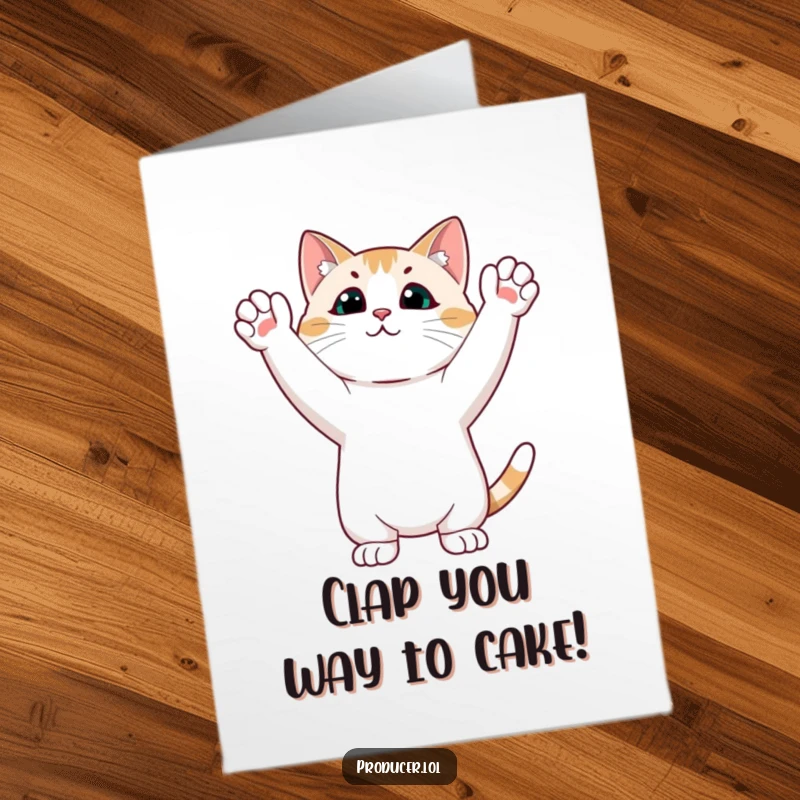 Funny Free Printable Birthday Card: Cat standing on hind legs, paws up, cheering wildly with a huge smile.