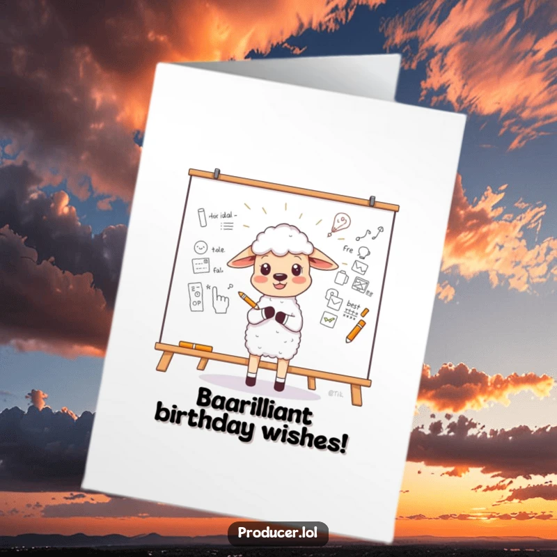 Funny Free Printable Birthday Card: Little sheep enthusiastically sketches a new idea on a large whiteboard.
