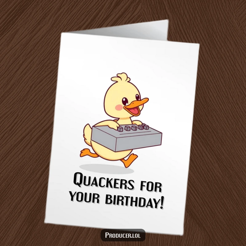 Funny Free Printable Birthday Card: A happy duck energetically pushing a large mixing board with delight. A cheerful, downloadable birthday greeting.