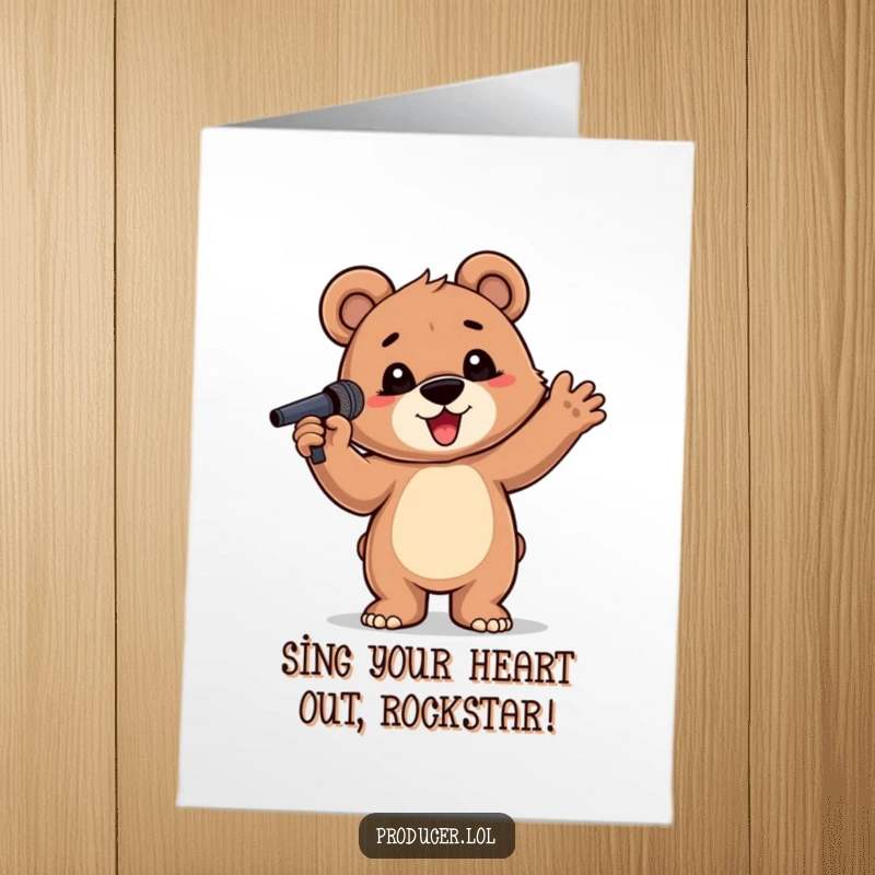 Funny Free Printable Birthday Card: A proud bear cub holds a microphone dramatically, ready to belt out a birthday tune.