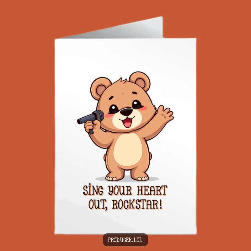 Free Printable Funny Birthday Card: Proud Bear Cub Rockstar Microphone Downloadable Gift