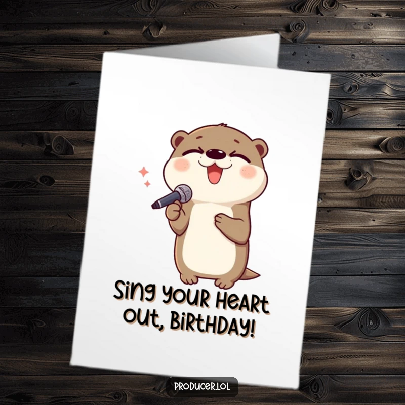 Funny Free Printable Otter Birthday Card: A delighted otter with closed eyes passionately singing into a microphone, celebrating a birthday.