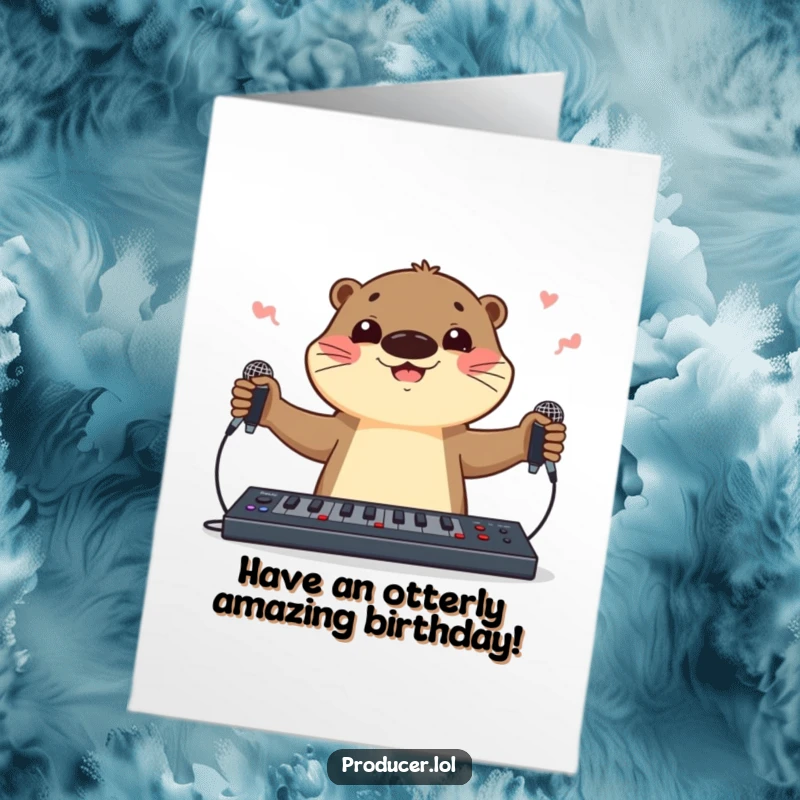 Funny Free Printable Otter Birthday Card, cheerfully juggling microphones and a soundboard, ready to party.