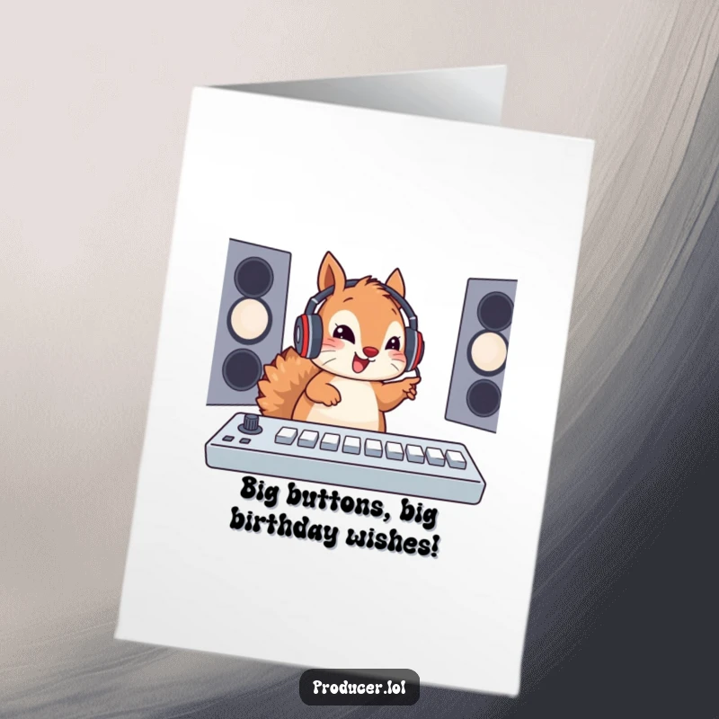 Funny Free Printable Birthday Card: Energetic squirrel DJ with a headset, pressing buttons on a soundboard.