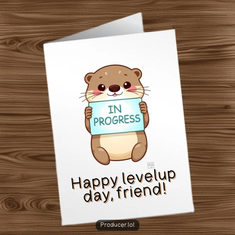 Funny Free Printable Birthday Card: A beaming otter proudly displays a glowing IN PROGRESS sign, celebrating the ongoing fun.