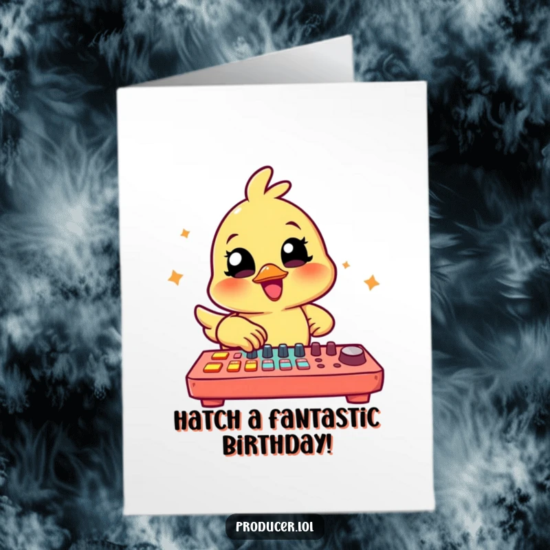 Funny Free Printable birthday card with a cheerful chick tapping a large colorful mixing board, celebrating a birthday.