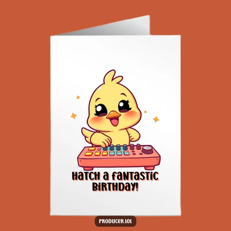Free Printable Birthday Card: Cheerful Chick Spins Tunes on a Mixing Board for a Fun Birthday!
