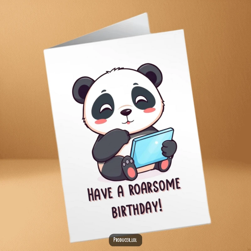 Funny Free Printable Birthday Card: Playful panda tapping chin with glowing tablet, a smart and hilarious DIY gift.