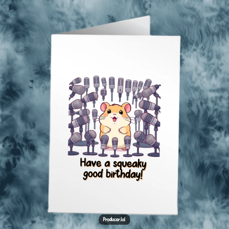 Funny Free Printable Birthday Card: Happy hamster surveying many microphones, ready to perform for a birthday celebration.