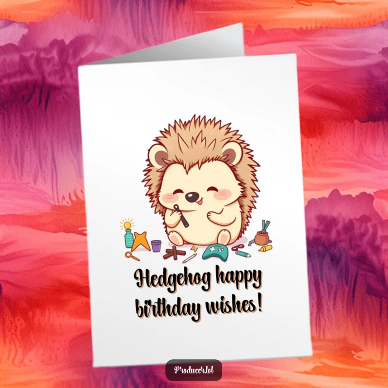 Funny Free Printable Birthday Card: Happy hedgehog meticulously organizes tiny props with a focused, cute look.