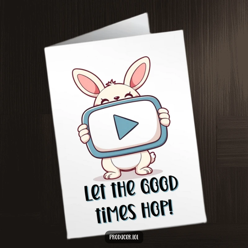 Funny Free Printable Birthday Card: Smiling bunny holding a giant PLAY button, ready for birthday fun.