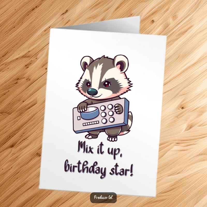 Funny Free Printable Badger Birthday Card: A determined badger DJ intensely mixing beats on a giant soundboard, ready to party.