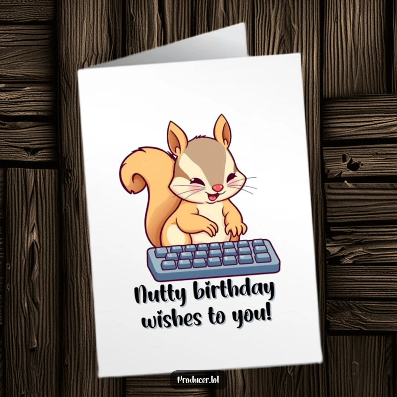 Funny Free Printable Birthday Card: A busy squirrel energetically taps on a keyboard with tiny paws, working hard to send birthday greetings.